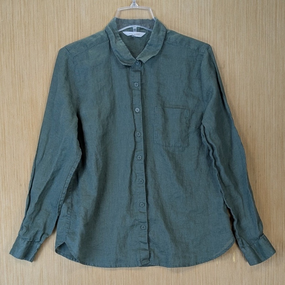 Garnet Hill Women Minimalist European Flax Linen Shirt Size 10 Green Button Down